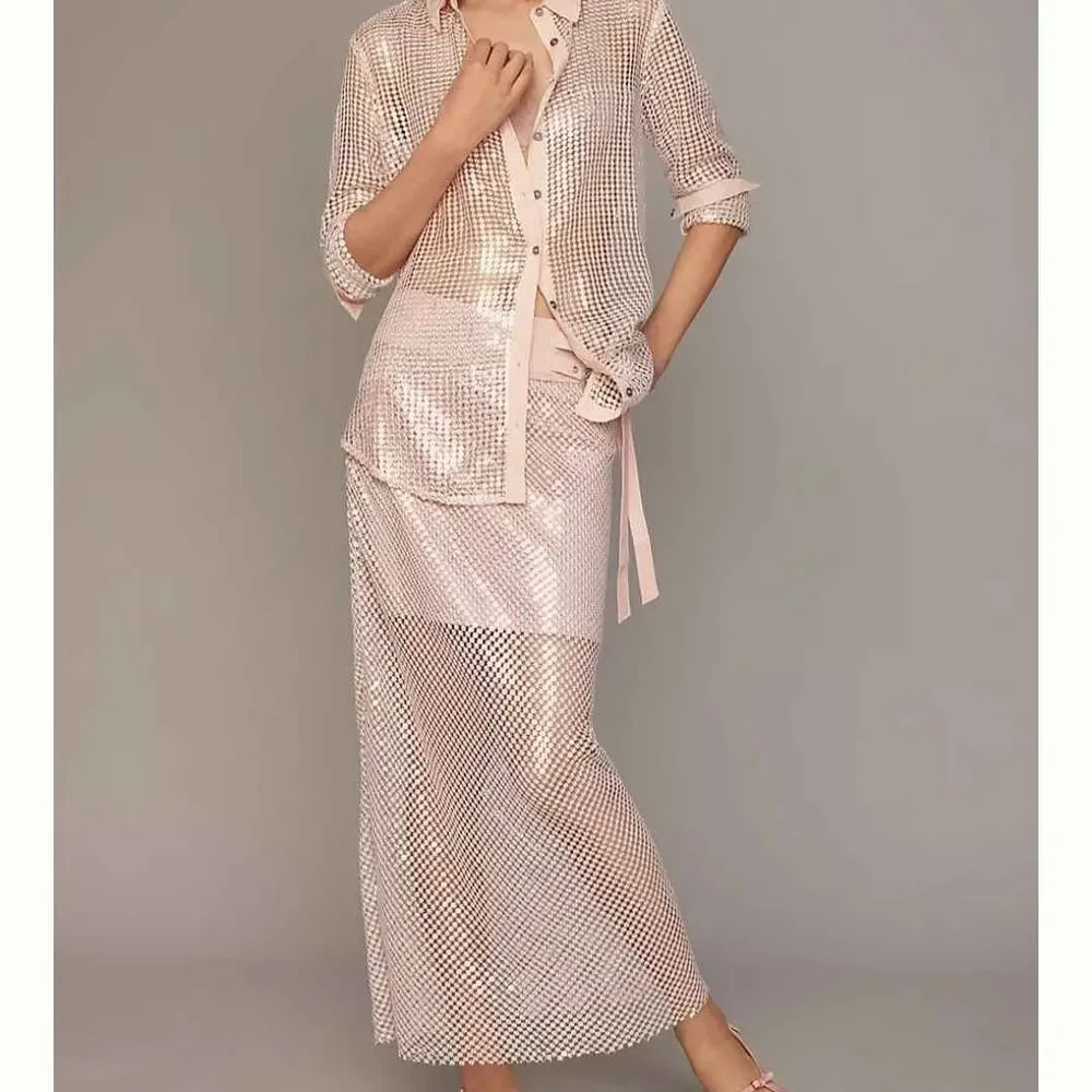 New Anthropologie Pilcro Chainmail Pale Pink Column Mesh Skirt - Picture 2 of 8